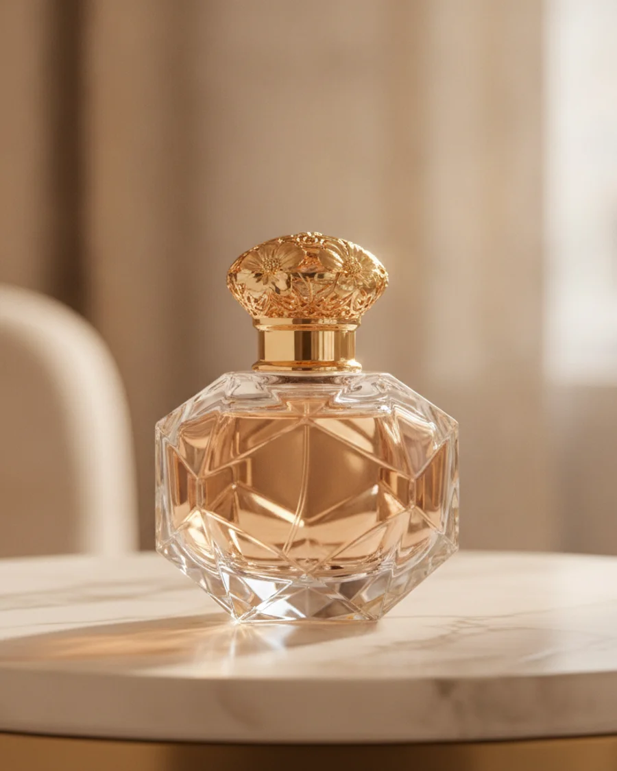 Chai nước hoa cao cấp nắp vàng — minh họa dòng High-End Luxury